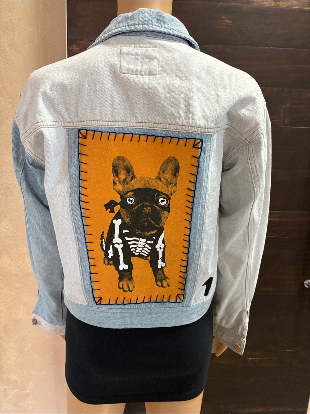 Upcycled Halloween Frenchie Denim Patch Jacket Size Girls XL